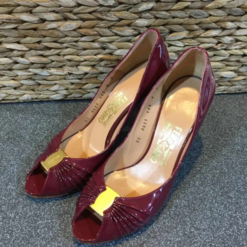 Salvatore Ferragamo Burgundy Patent Peep-Toe Heels with Gold Accent